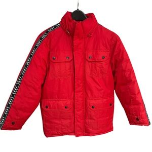 DKNY Red Puffer Jacket with Quilted Design and High Collar